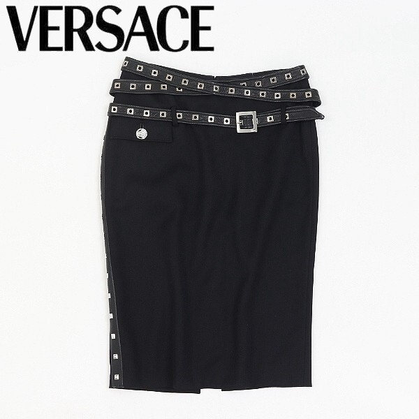 【KC313】◆VERSACE ヴェルサーチ レザーベルトデザイン スタッズ メデューサメタルボタン バックスリット スカート 黒 ブラック 38拍卖