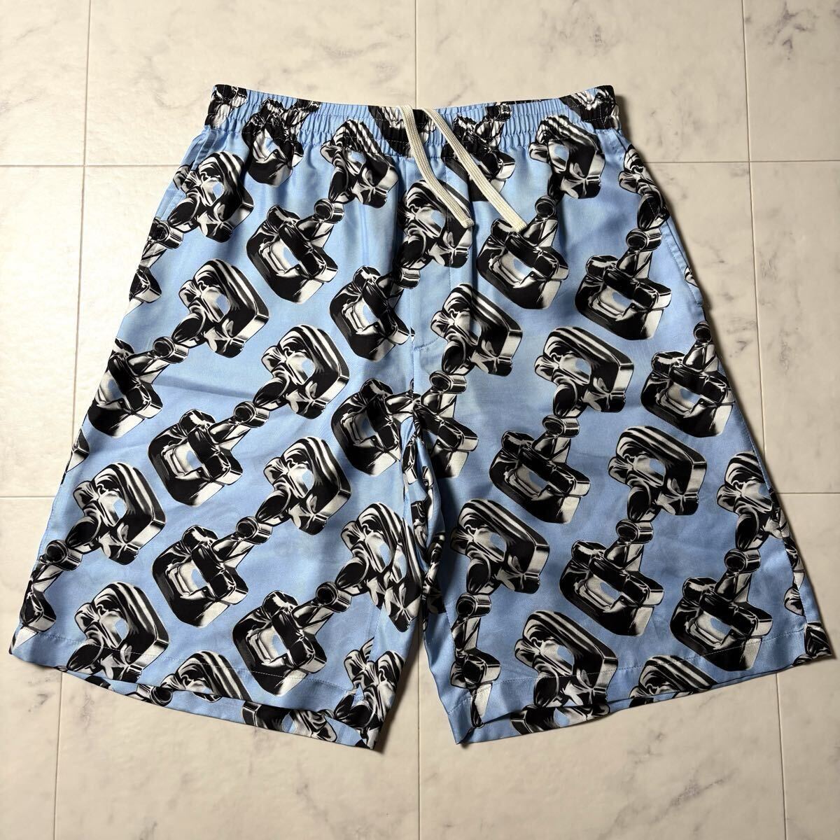 美品●GUCCI グッチ シルク100% ホースビット 総柄 ハーフパンツ ショートパンツ ボトムス 46/M ライトブルー イタリア製 春夏 メンズ 拍卖