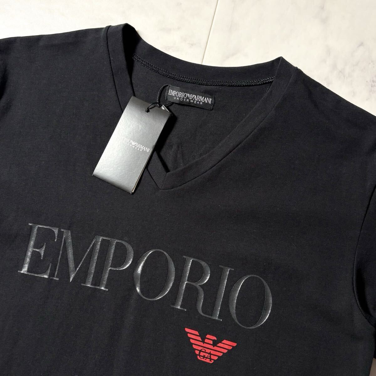 未使用タグ付き●EMPORIO ARMANI エンポリオアルマーニ 両面ロゴ ストレッチ Vネック 半袖Tシャツ カットソー M 黒 春夏 メンズ拍卖