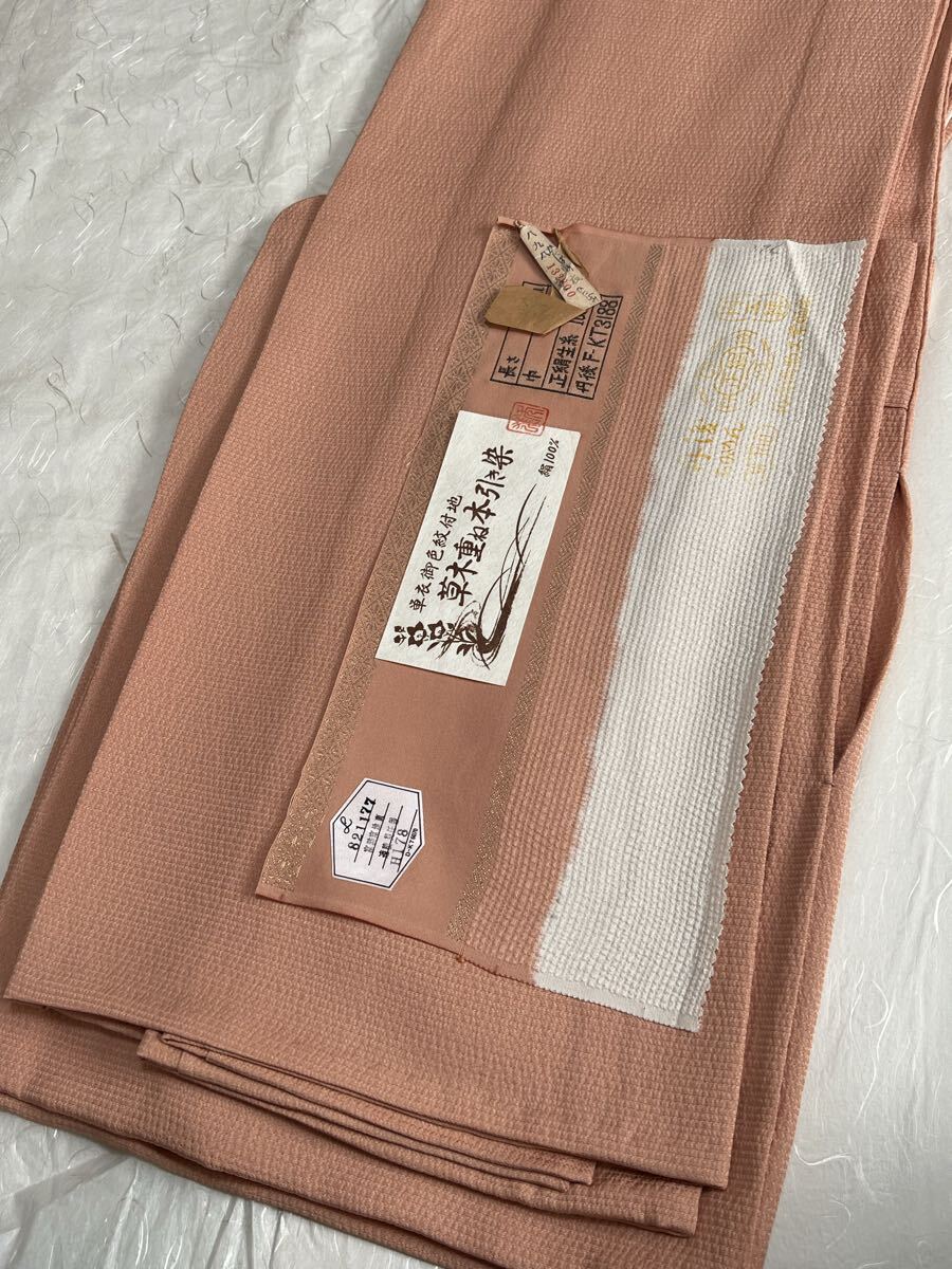 逸品 単衣 色無地 草木重ね 本引き染 絹100% 着物 一つ紋 丹後ちりめん 夏 正絹拍卖