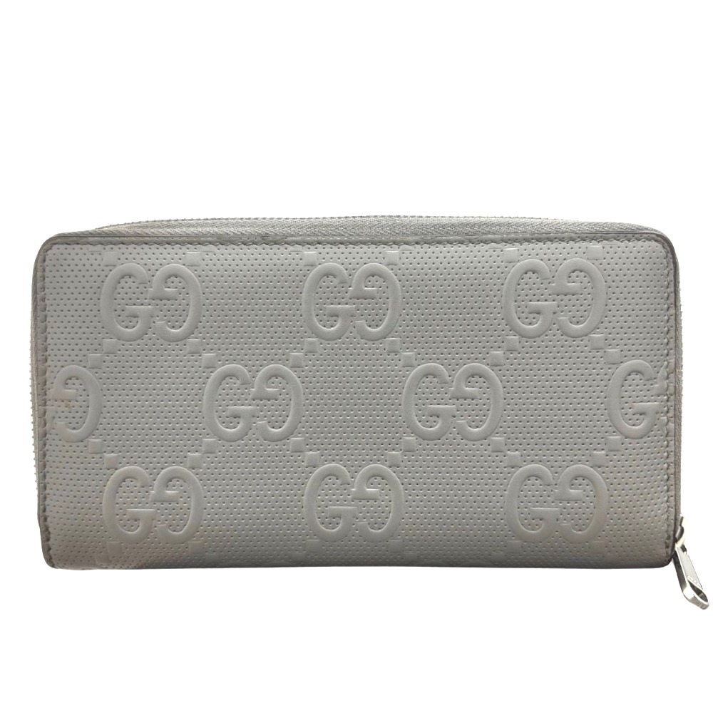 1円スタート グッチ GGエンボス ラウンドファスナー 625558 グレー レザー シルバー金具 シンプル 型押し メンズ GUCCI 長財布【中古】拍卖