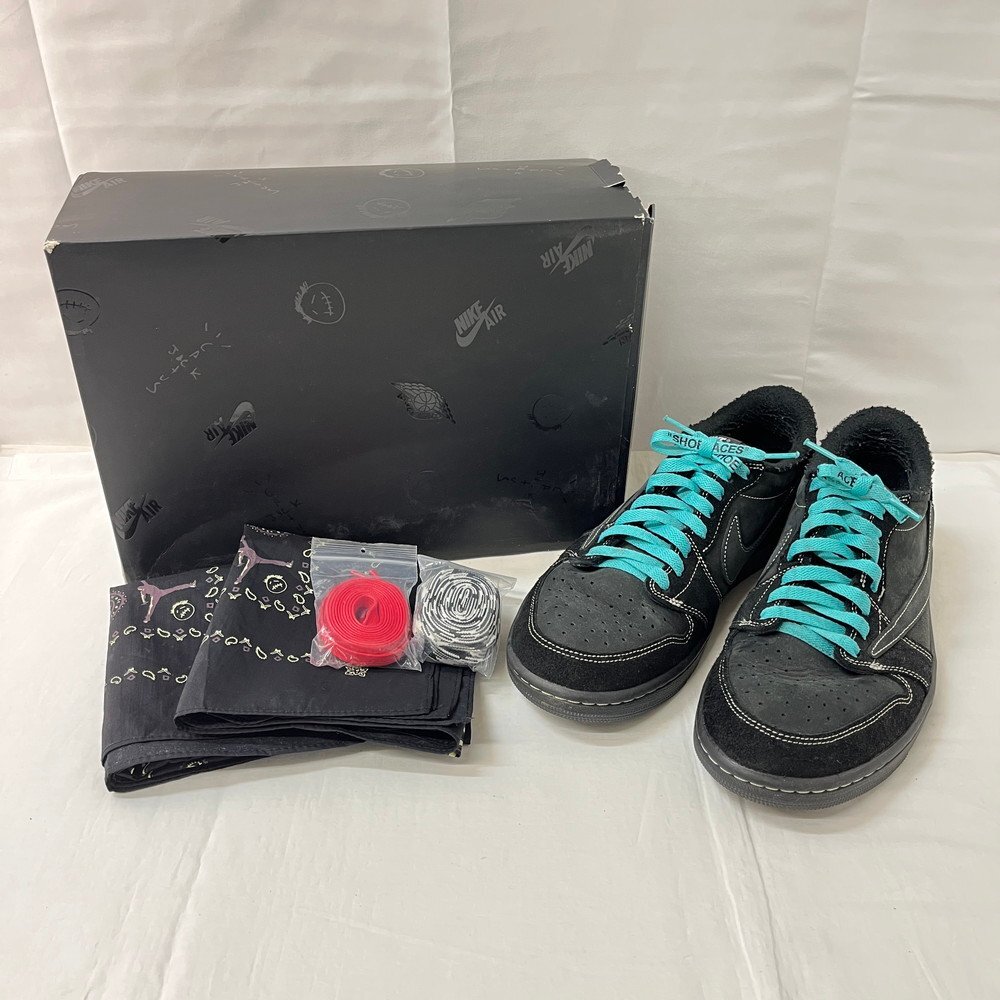 【8P098】1円スタート NIKE×Travis Scott ナイキ×トラヴィス スコット AIR JORDAN 1 LOW OG SP BLACK PHANTOM DM7866-001 28cm 現状品拍卖
