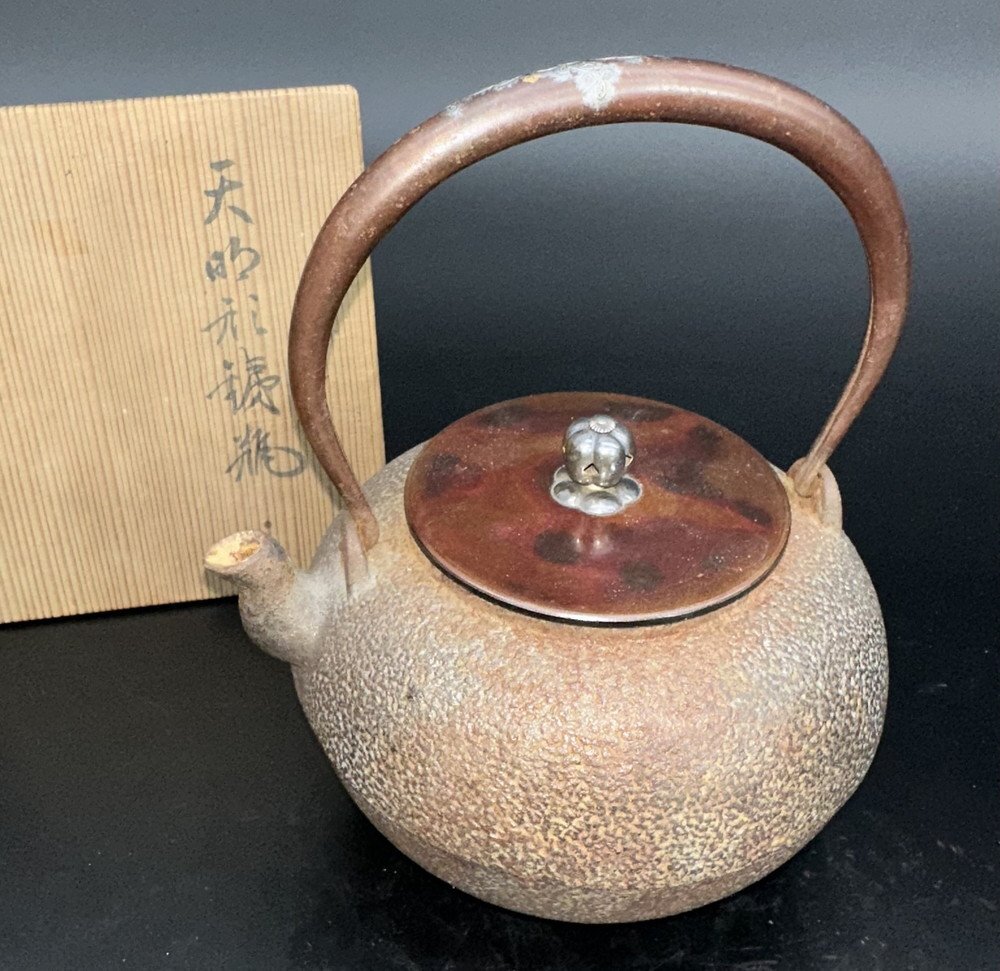 【江】釜師名人 龍文堂造 荒肌天明形鋳鉄鉄瓶 銅蓋 高さ20.2cm 共箱 古美術品(茶道具煎茶器薬缶湯沸)AX2581 UTngsw拍卖