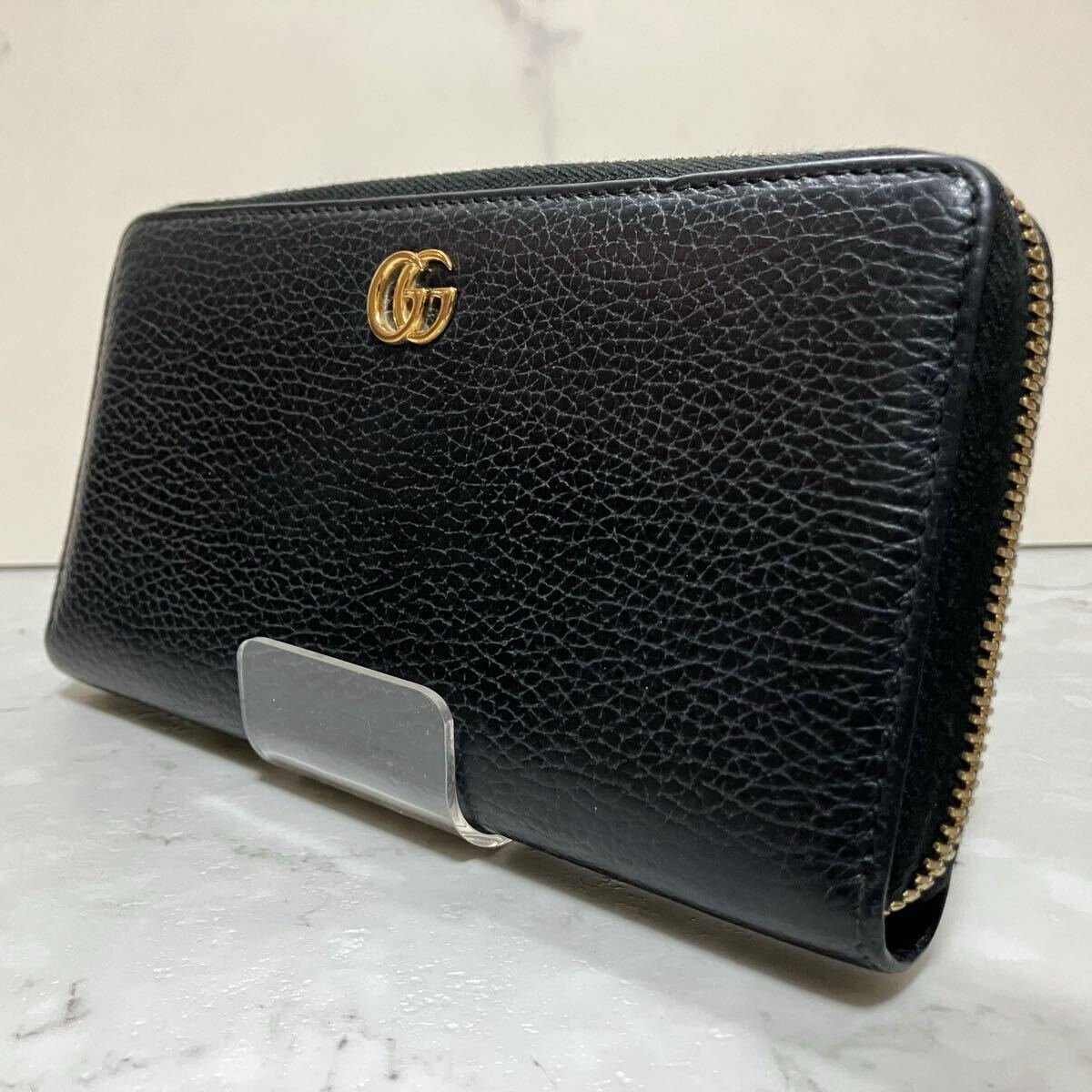 【極美品】 GUCCI グッチ GGマーモント ラウンドファスナー 長財布 ウォレット ゴールド金具 レザー 本革 黒 ブラック メンズ レディース拍卖