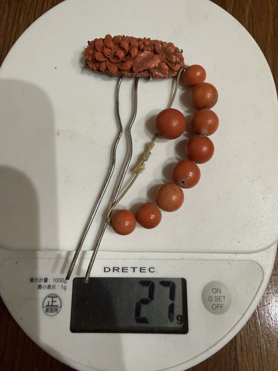 天然珊瑚 簪 かんざし 帯留め 27g 和装小物 花彫刻 丸玉拍卖