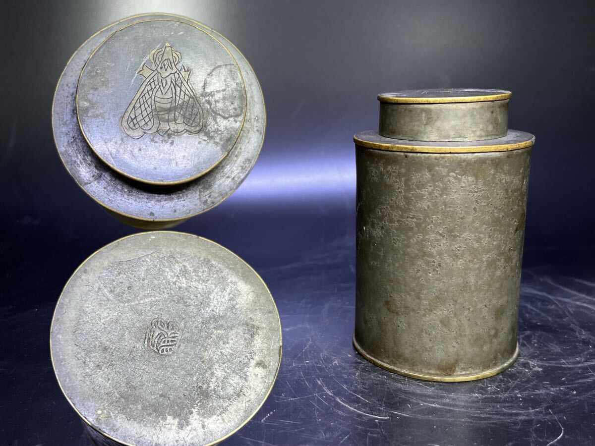 【唐物錫茶入】在銘 &象嵌あり 古錫 茶筒 茶器 煎茶道具 唐物 茶心壺 茶道具 時代物 煎茶道具拍卖
