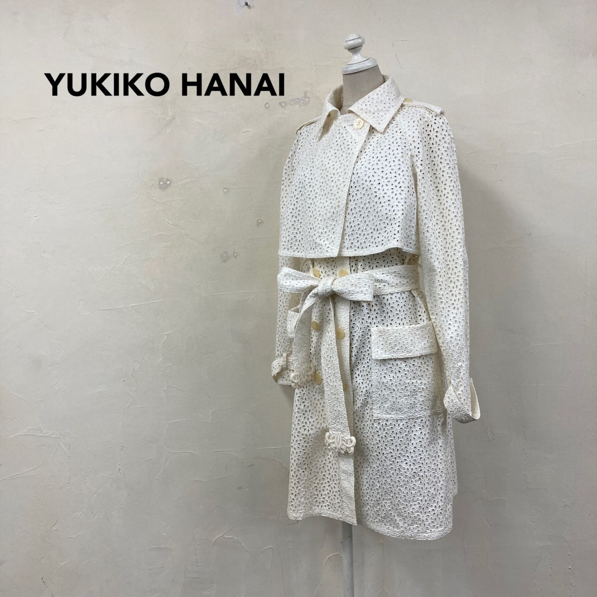 2R2375-Y◆YUKIKO HANAI ユキコハナイ フルアイレットレースアンサンブル ジャケット コート シアー 重ね着 ◆size8 クリーム系 綿拍卖
