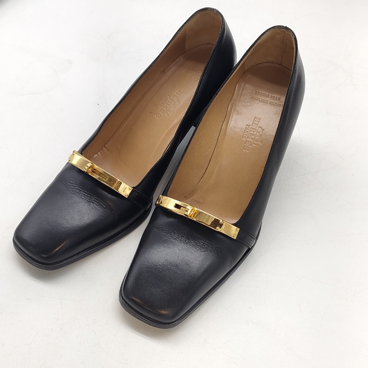 1円〜☆HERMES エルメル パンプス36サイズ☆ローファー ヴィンテージ レザー パンプス 靴 シューズ ブラック ゴールド金具拍卖