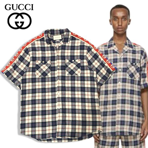 8 国内正規品 GUCCI グッチ 619025 GG LOGO Check S/S Shirt 半袖コットン チェック シャツ 48 イタリア製 マルチカラー拍卖