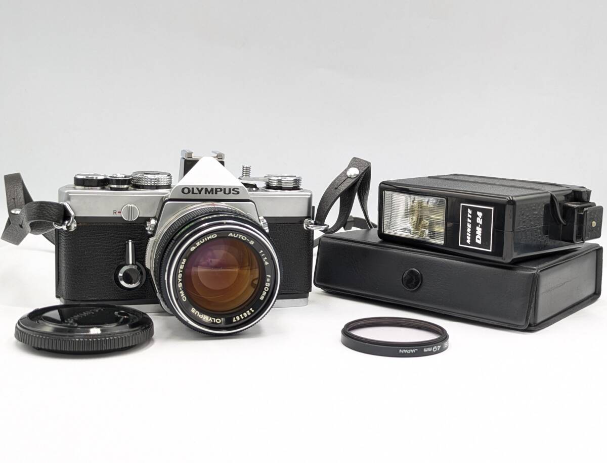 OLYMPUS オリンパス OM-1 フィルムカメラ G.ZUIKO AUTO-S F1.4 50mm シャッターOK MINETTE DM-24ストロボ付 ジャンク #52339拍卖