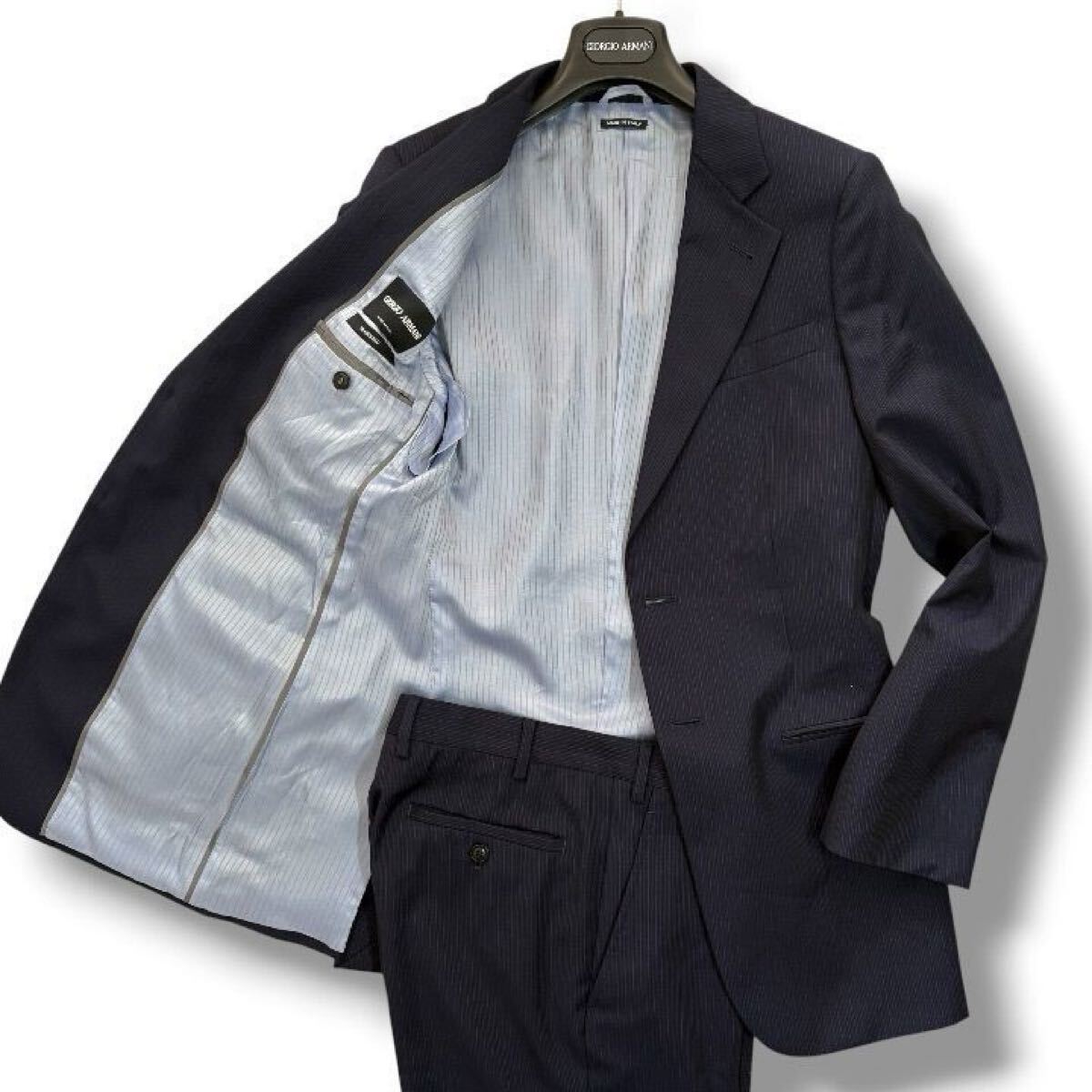 極美品!!LサイズGIORGIO ARMANI ジョルジオアルマーニ 高級ライン TRADER BLU スーツ セットアップ ネイビー ストライプ 48 拍卖