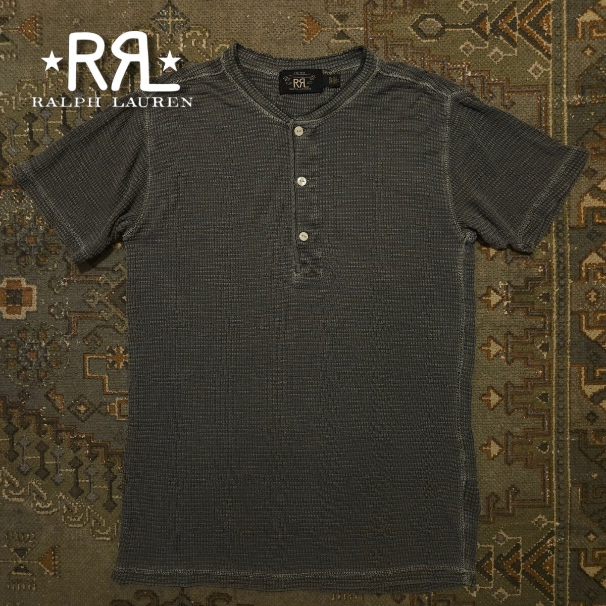 【名作品】RRL WAFFLE KNIT HENLEYNECK THERMAL SHIRT【S】ワッフル ニット ヘンリーネック サーマル シャツ 墨黒 ブラック RALPH LAUREN拍卖
