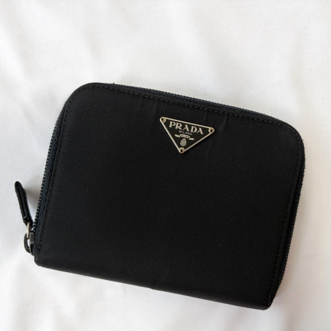 ■1円〜 <良品!!>■PRADA プラダ ラウンドジップ 二つ折り財布 ナイロン/レザー お洒落 普段使い ブラック 管:2605306拍卖