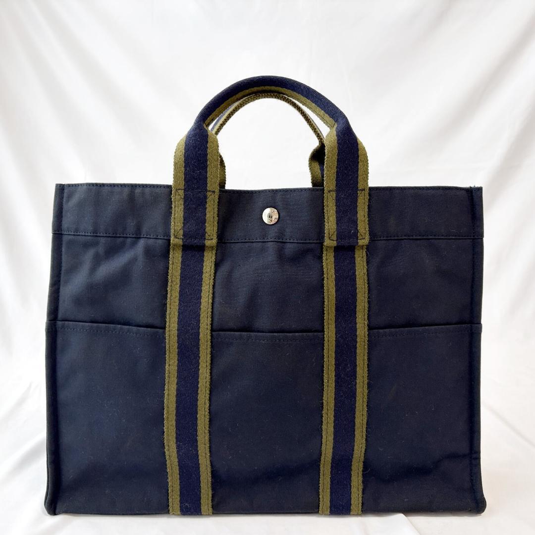 ■1円〜 <美品!!>■HERMES エルメス フールトゥ MM トートバッグ キャンバス コットン A4収納 普段使い ネイビー 管:2606057拍卖