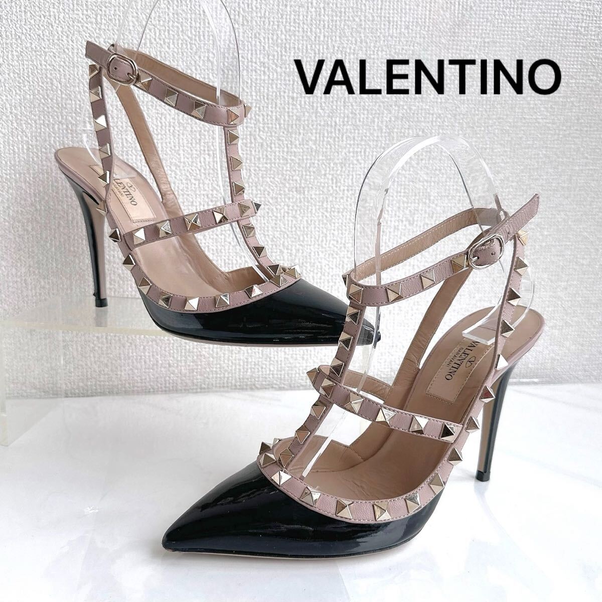 VALENTINO GARAVANI ヴァレンティノ ガラヴァニー 定番 ロックスタッズ ストラップ付き ハイヒール パンプス サンダル 靴 36 レーディス 黒拍卖