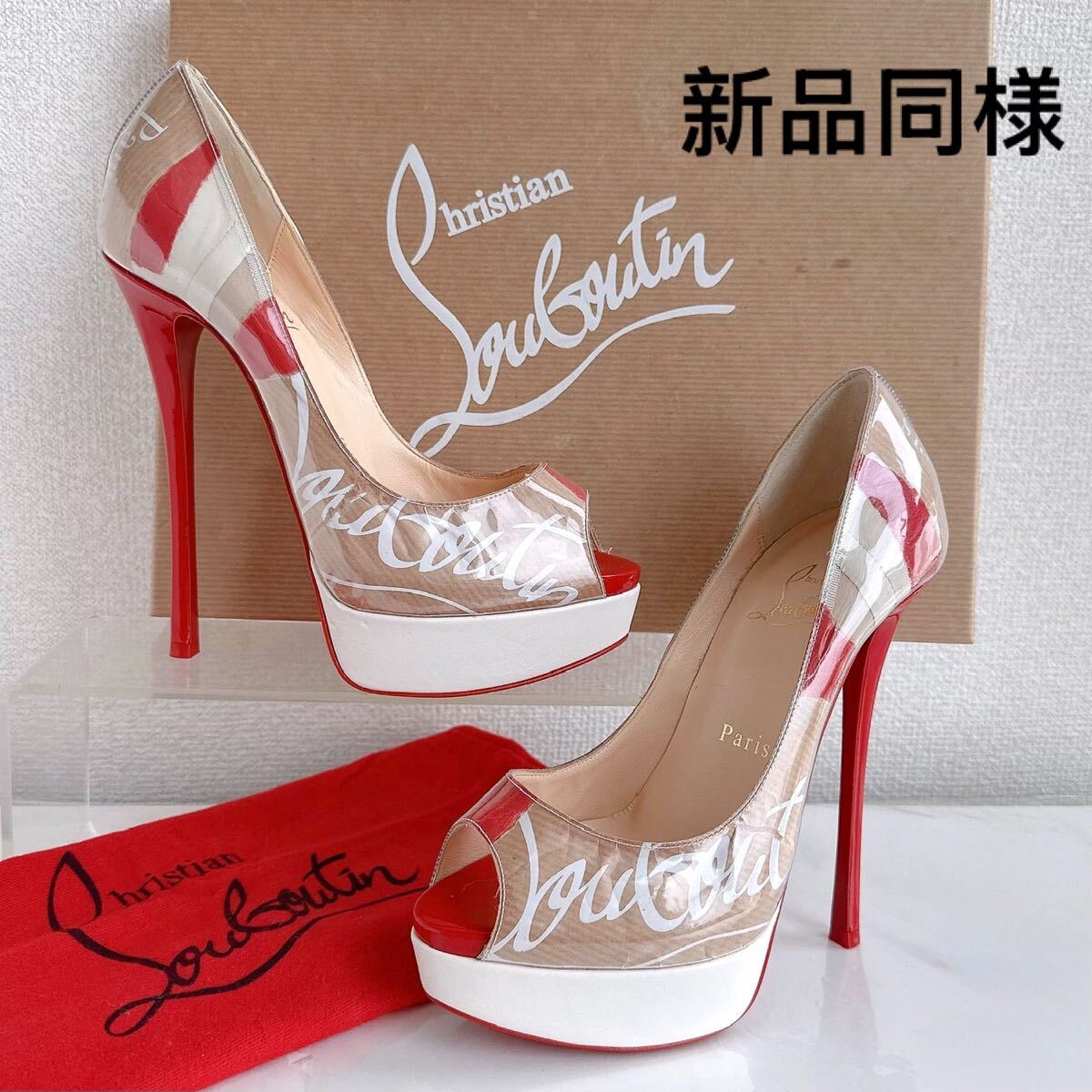 Christian Louboutin クリスチャンルブタン 厚底 オープントゥ ハイヒール パンプス サンダル 35 靴 レーディス シューズ ロゴ入り PVC拍卖