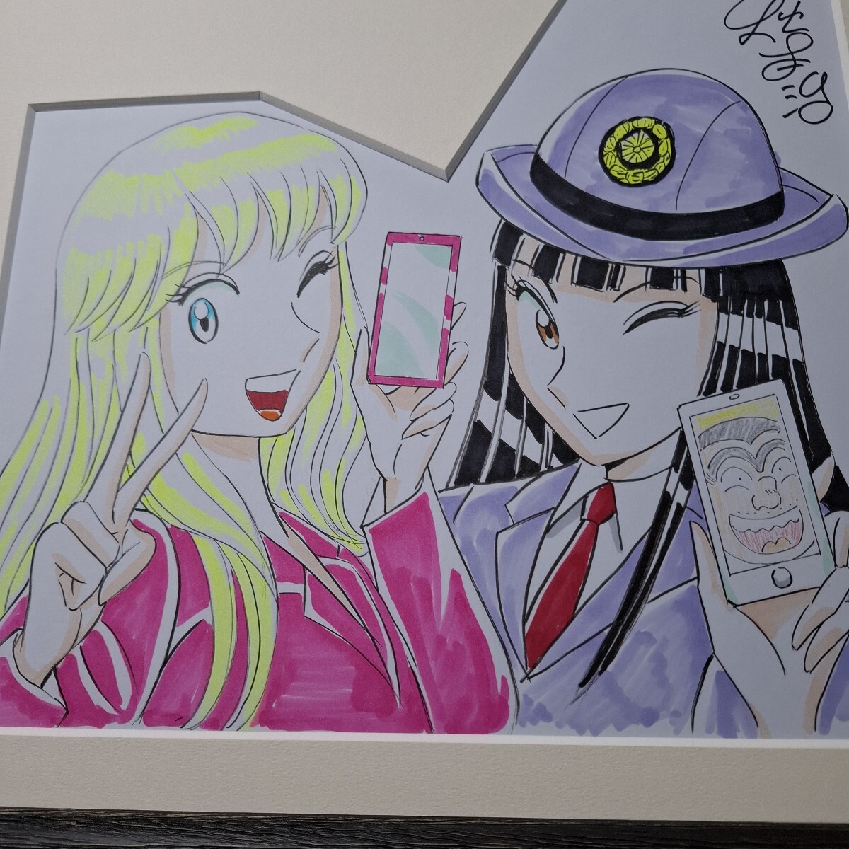 秋本治 直筆カラー色紙「こち亀 麗子とマリア」宛名切り取り 額装 本物保証 描き込み最高 こちら葛飾区亀有交番前派出所 入手困難拍卖