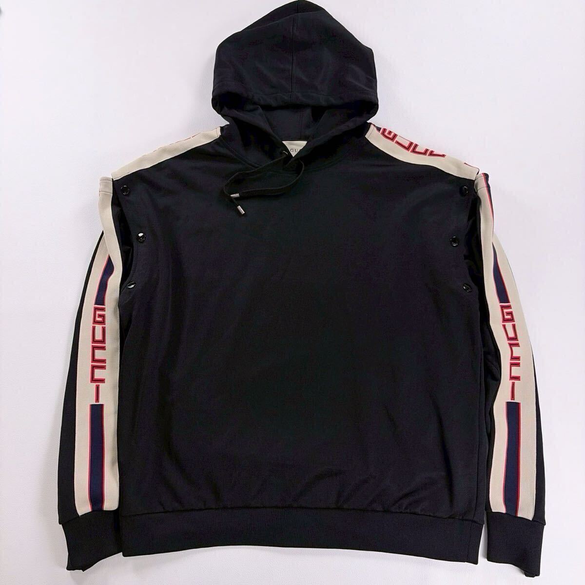 極美品 GUCCI テクニカル ジャージー スウェット シャツ グッチ 現行タグ 袖ラインロゴ パーカー 2way 長袖 半袖 メンズM ブラック 黒 拍卖