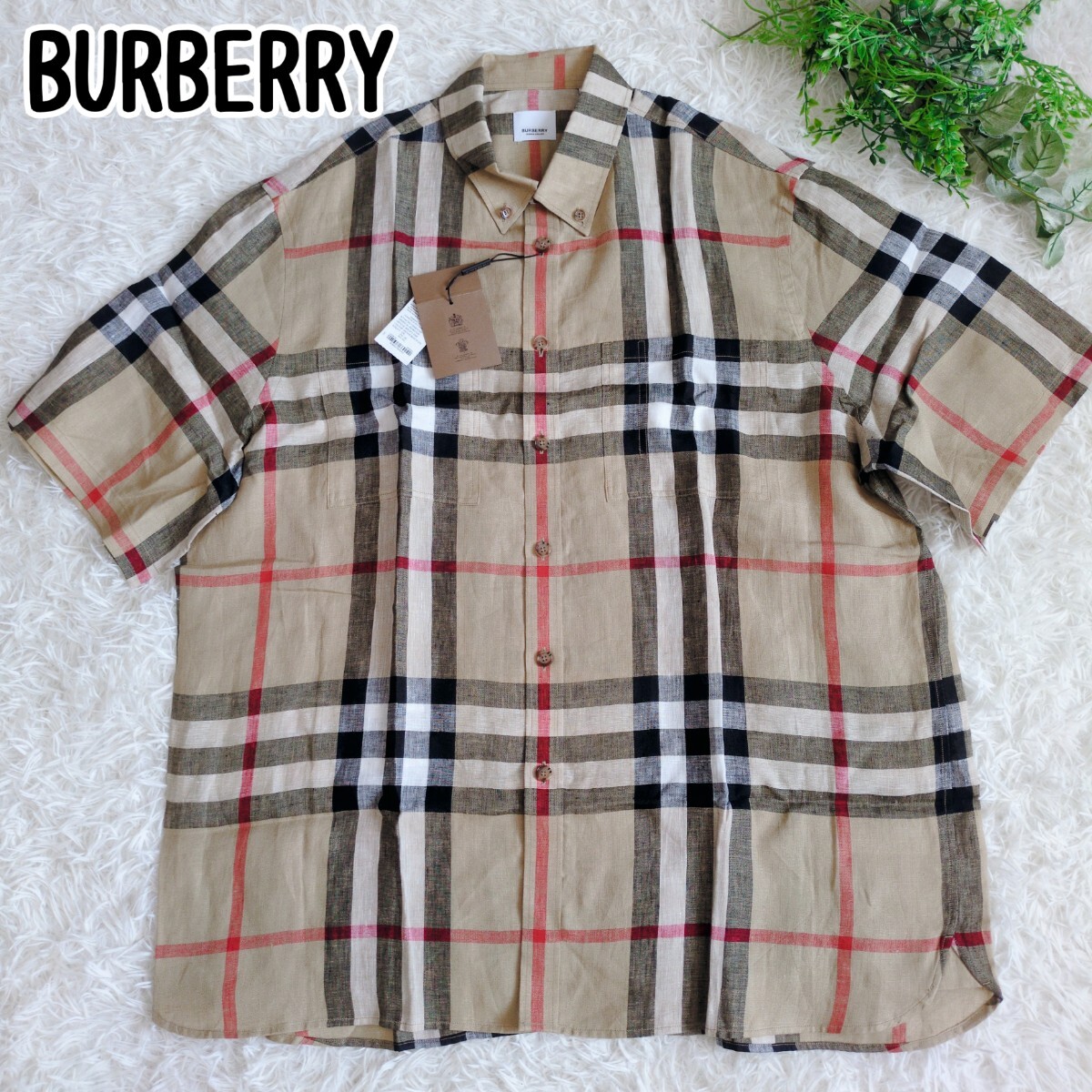 □新品・未使用・タグ付□BURBERRY バーバリー 半袖シャツ 麻 リネン 100% ノバチェック メガチェック 特大サイズ XXL リカルドティッシ期拍卖