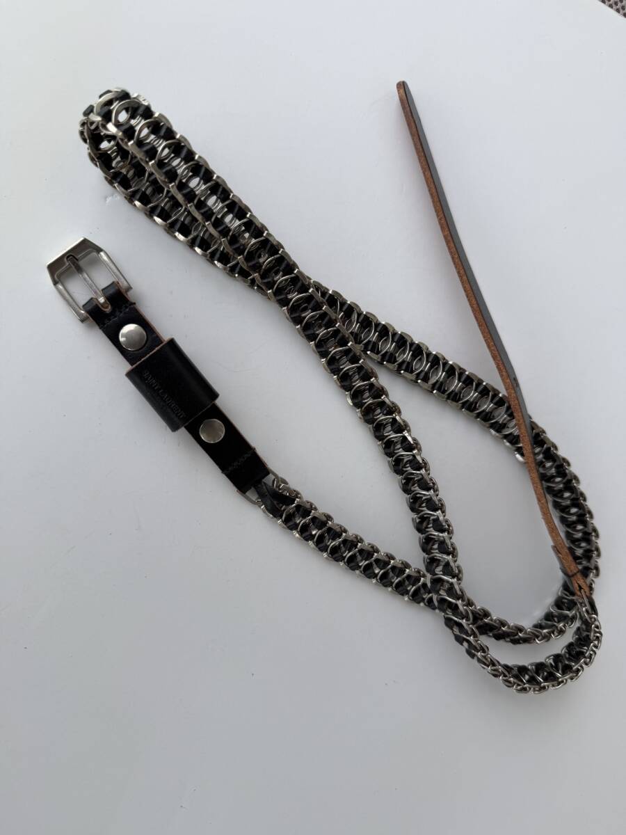 SAINT LAURENT PARIS by Hedi Slimane Chain Leather Belt ナローベルト レザー ブラック 95 サンローランパリ エディスリマン メンズ 拍卖