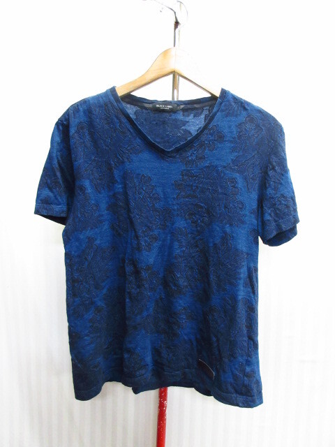 ブラックレーベルクレストブリッジ 花柄デニムTシャツ メンズL インディゴTシャツ 総柄シャツ 半袖カットソー VネックTシャツ 06101拍卖
