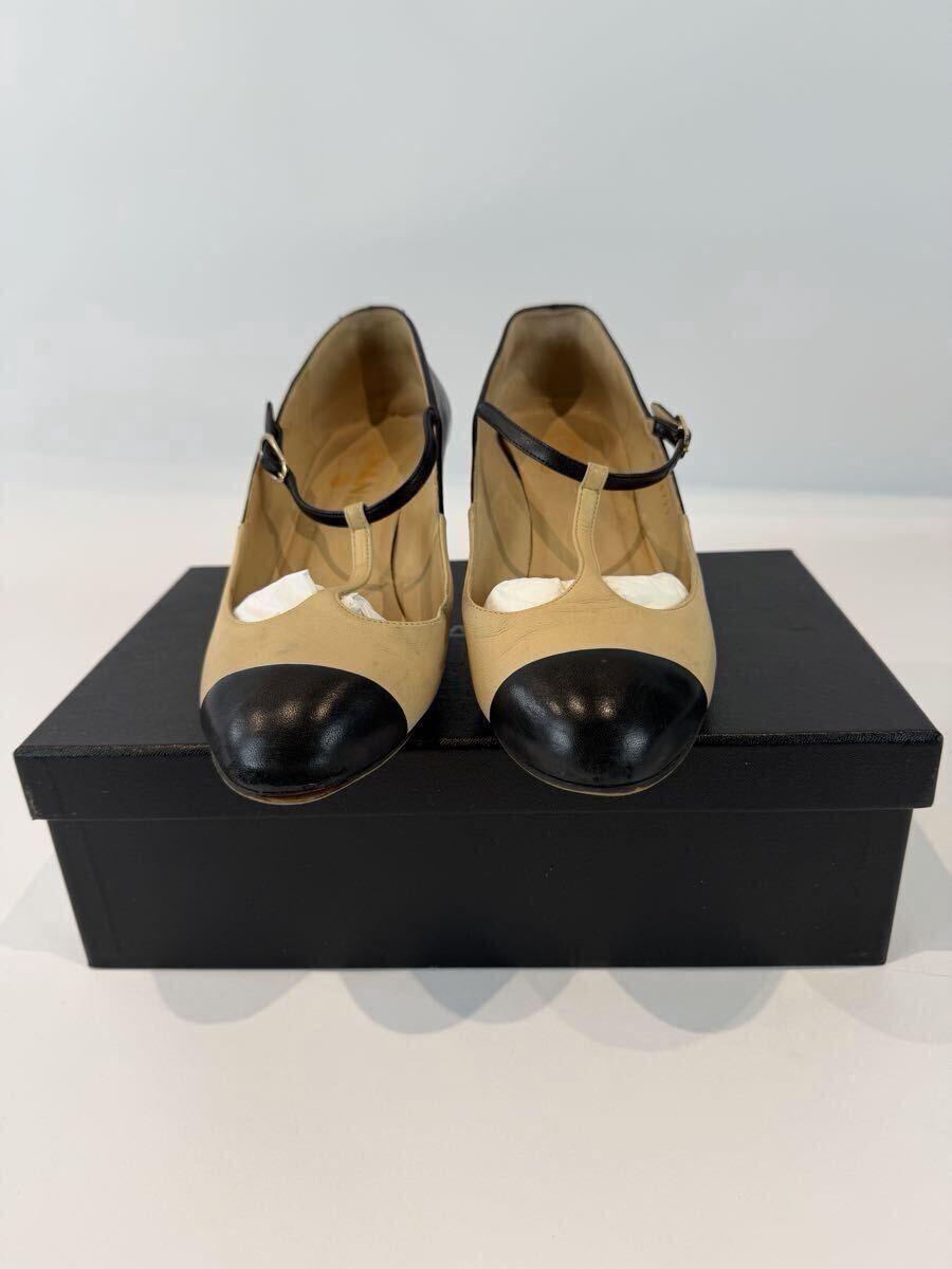 【正規品】CHANEL シャネル ココマーク パンプス オールレザー バイカラー ストラップ ベージュ ブラック 靴 ヒール サイズ38拍卖