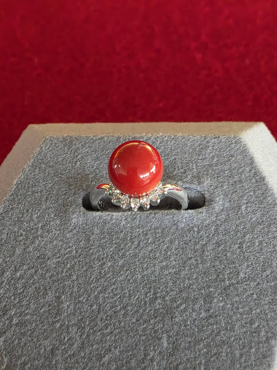 T5351 ジュエリー 宝飾品 Pt900 天然珊瑚 コーラル ダイヤモンド リング サイズ10.5号 宝石鑑別書 ケース付き拍卖