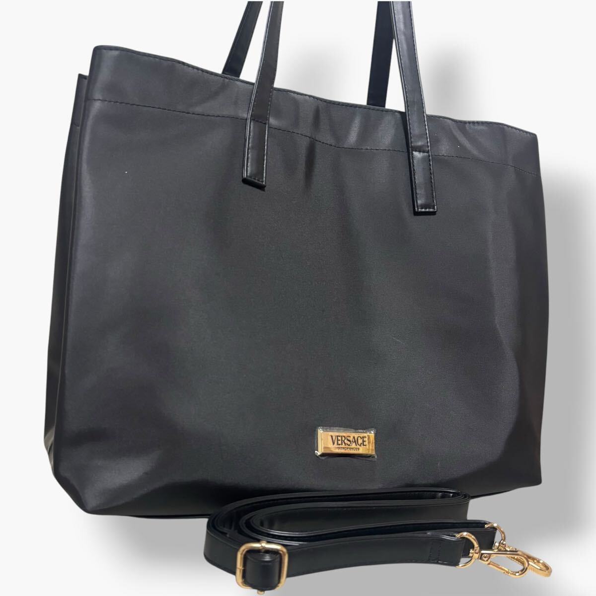 1円~ 美品 VERSACE ヴェルサーチ トートバッグ ハンドバック ショルダーストラップ 2way 総柄 ブラック ビジネス プライベート A4収納 黒拍卖