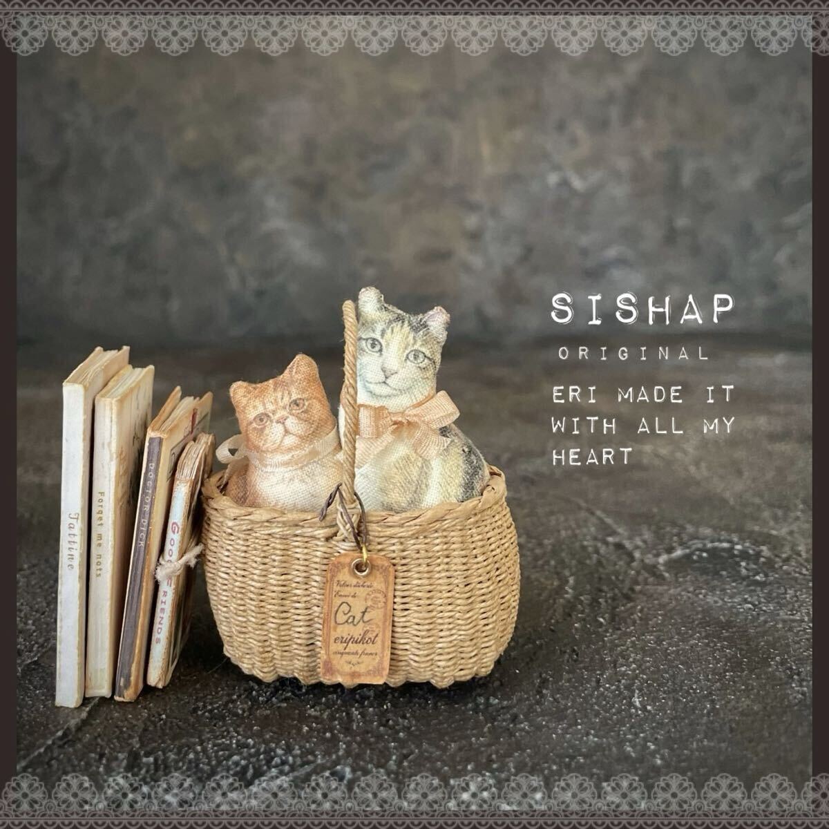☆★SiSHAP★☆【手編みの籠とおしゃれなピンクのリボンの猫さんのセット】ドールハウス ミニチュア 1/6 ブライス リカちゃん などに♪ 拍卖