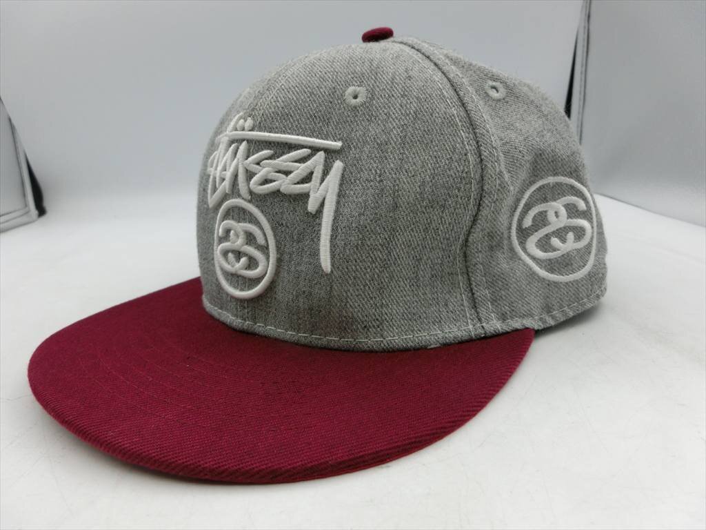 T【1g-01】【60サイズ】1円~/STUSSY ステューシー/キャップ グレー×ワインレッド/メンズ/帽子/綿100%拍卖