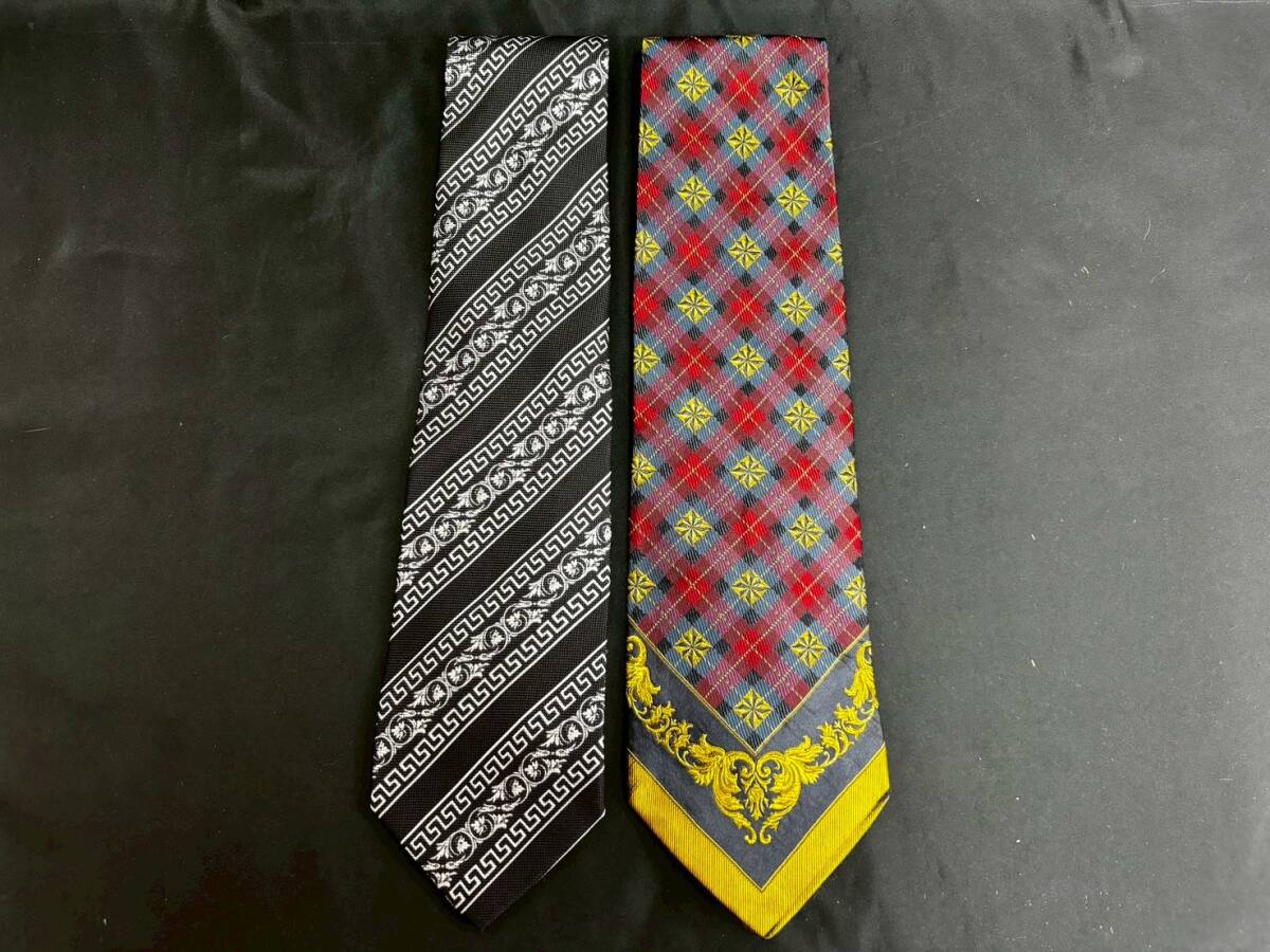 T0618O GIANNI VERSACE メンズ ネクタイ 2点 まとめ セット 総柄 バロッコ柄 チェック柄 グレカ模様 唐草模様 ジャンニ ヴェルサーチ 紳士拍卖
