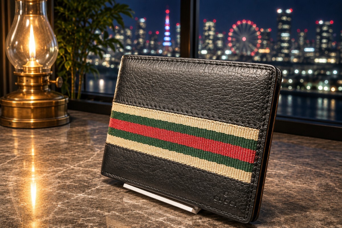 GUCCI グッチ シェリーライン 二つ折り財布 ブラック レザー メンズ拍卖
