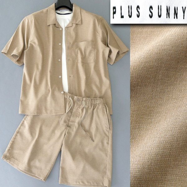 新品 PLUS SUNNY 盛夏 リネンライク 半袖 シャツ ショートパンツ セットアップ LL ベージュ 【J41165】 プラスサニー 春夏 ウォッシャブル拍卖