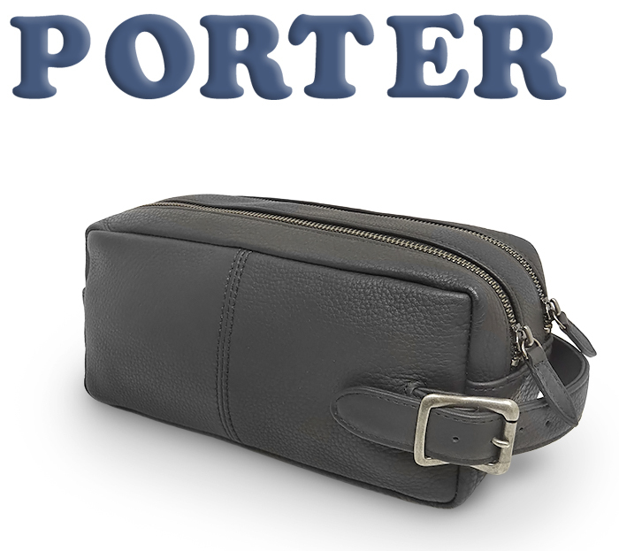 【未使用 超美品】 ポーター PORTER Wジップ セカンドバッグ ポーチ 鞄 レザー 革 ブラック メンズ レディース 柔らかめ 吉田カバン 日本製拍卖