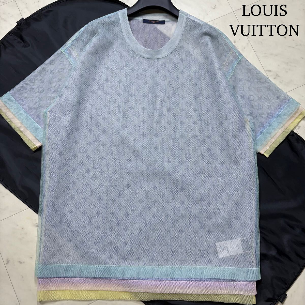 未使用級/Lサイズ★ ルイヴィトン LOUIS VUITTON モノグラム チュール レイヤード Tシャツ トップス 近年モデル 透け感 メッシュ メンズ拍卖