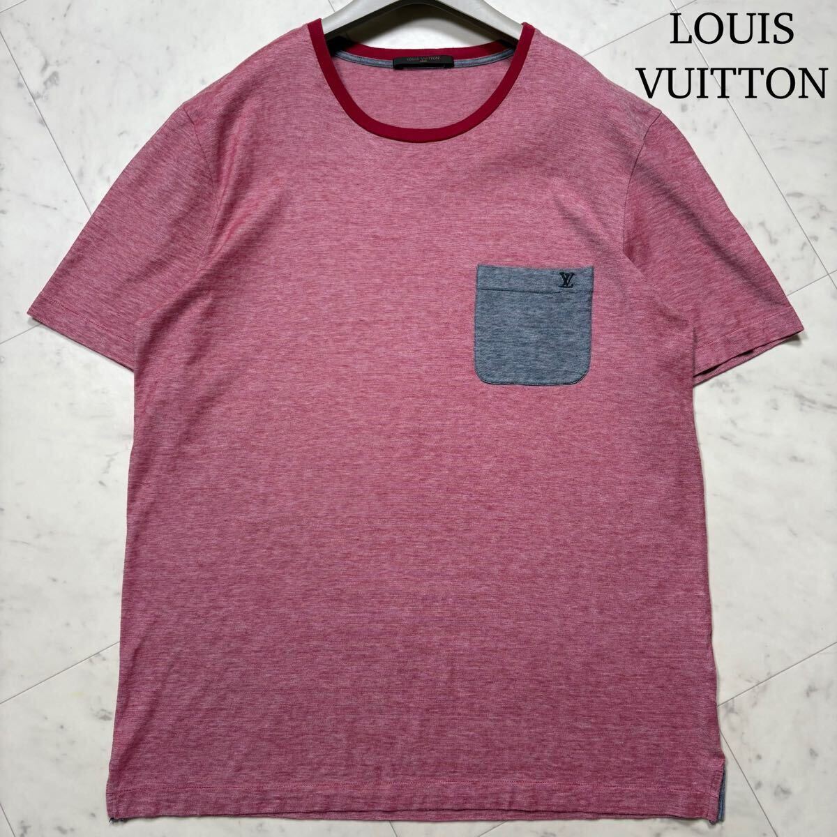 美品/Lサイズ★ LOUIS VUITTON ルイヴィトン LVロゴ刺繍 カシミヤ混 クルーネック Tシャツ 半袖 カットソー トップス イタリア製 メンズ拍卖