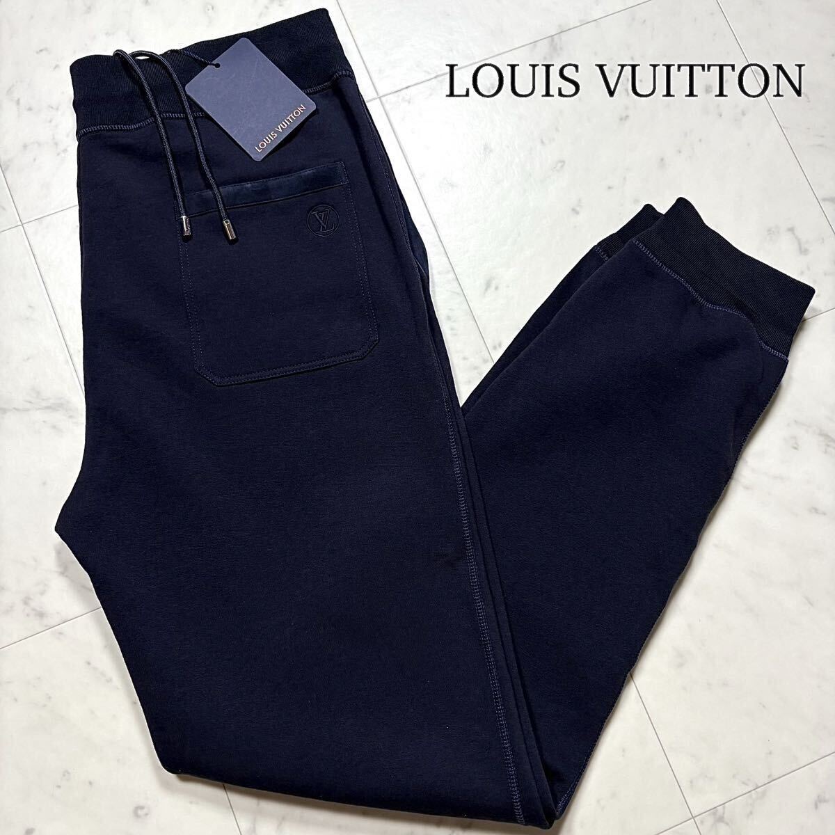 未使用級/XL★ LOUIS VUITTON ルイヴィトン LVロゴ刺繍 ラムレザートリミング スウェット ジョガーパンツ トラックパンツ ネイビー メンズ拍卖