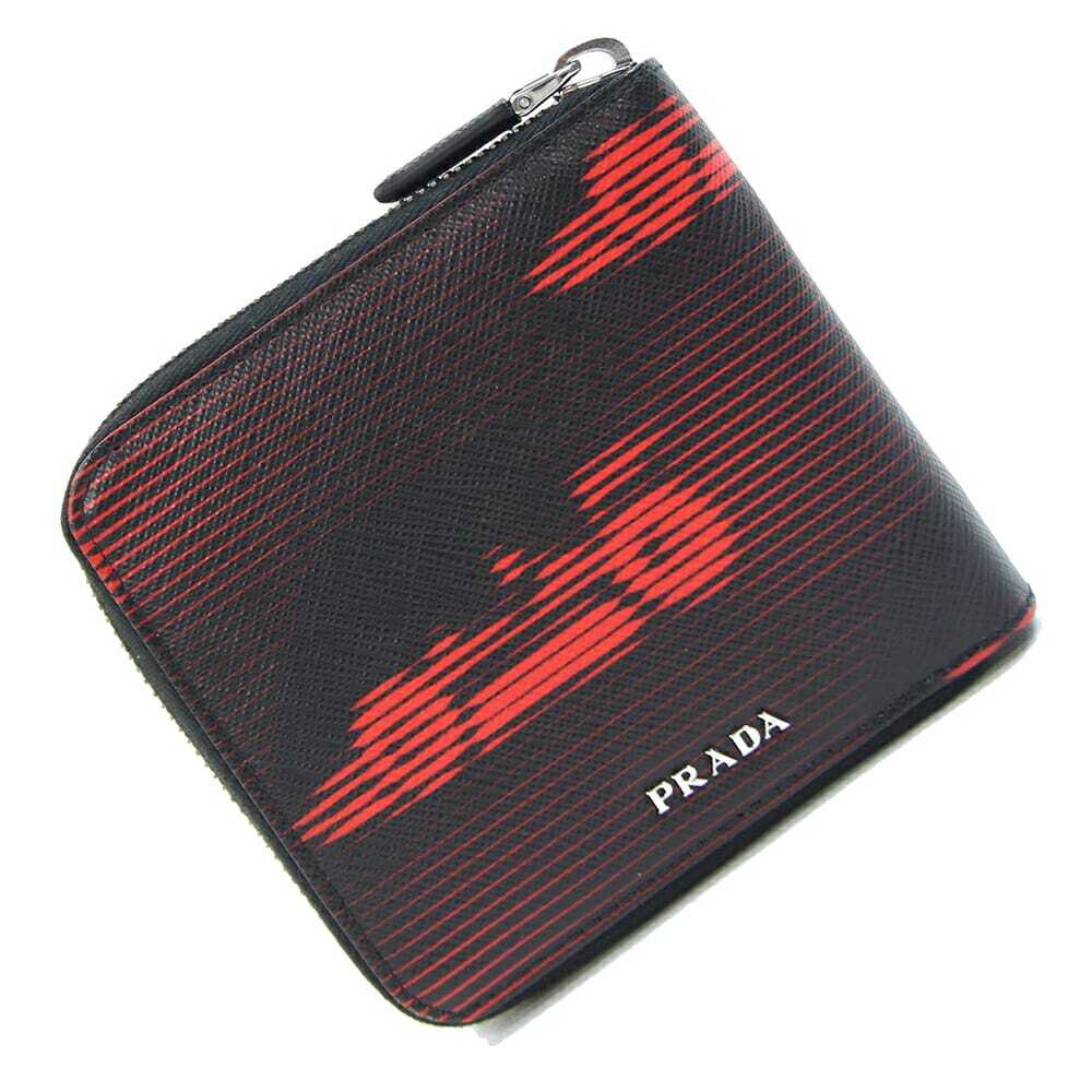プラダ ラウンドファスナー財布 ブラック レッド レザー 中古 コンパクトウォレット ロゴ 二つ折り財布 メンズ拍卖