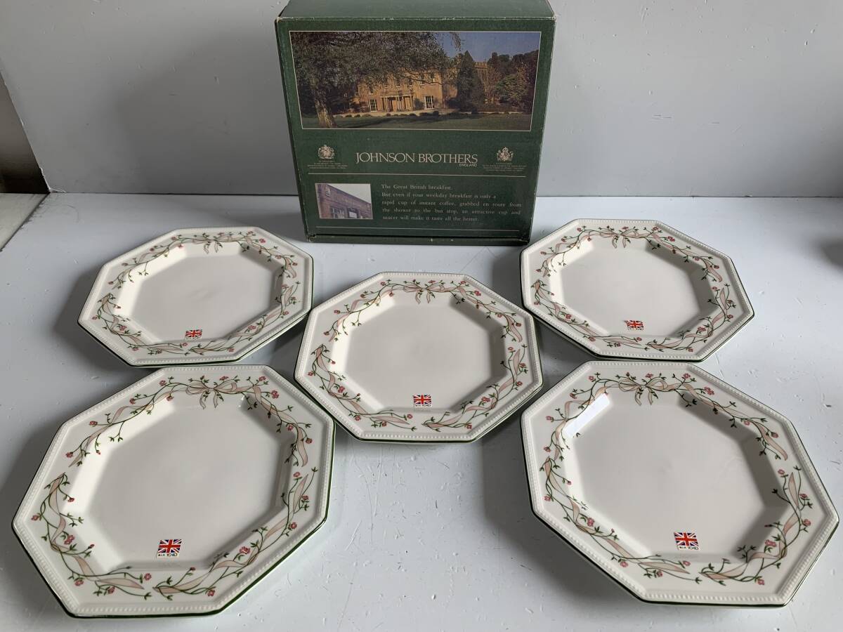 By458◆JOHNSON BROTHERS ジョンソンブラザーズ◆ETERNAL BEAU F330-03 ケーキ皿 5枚 プレート 八角皿 花柄 英国 食器 洋食器 箱付き拍卖