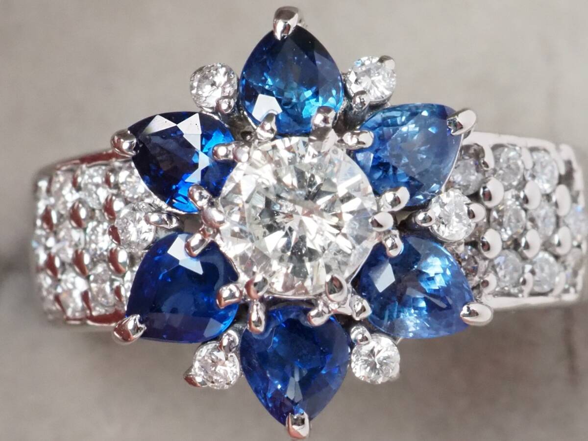 【10279P】Pt900 天然サファイア 天然ダイヤモンド 1.26ct/0.38ct/0.35ct/7.8g/リング 指輪 ♯12拍卖
