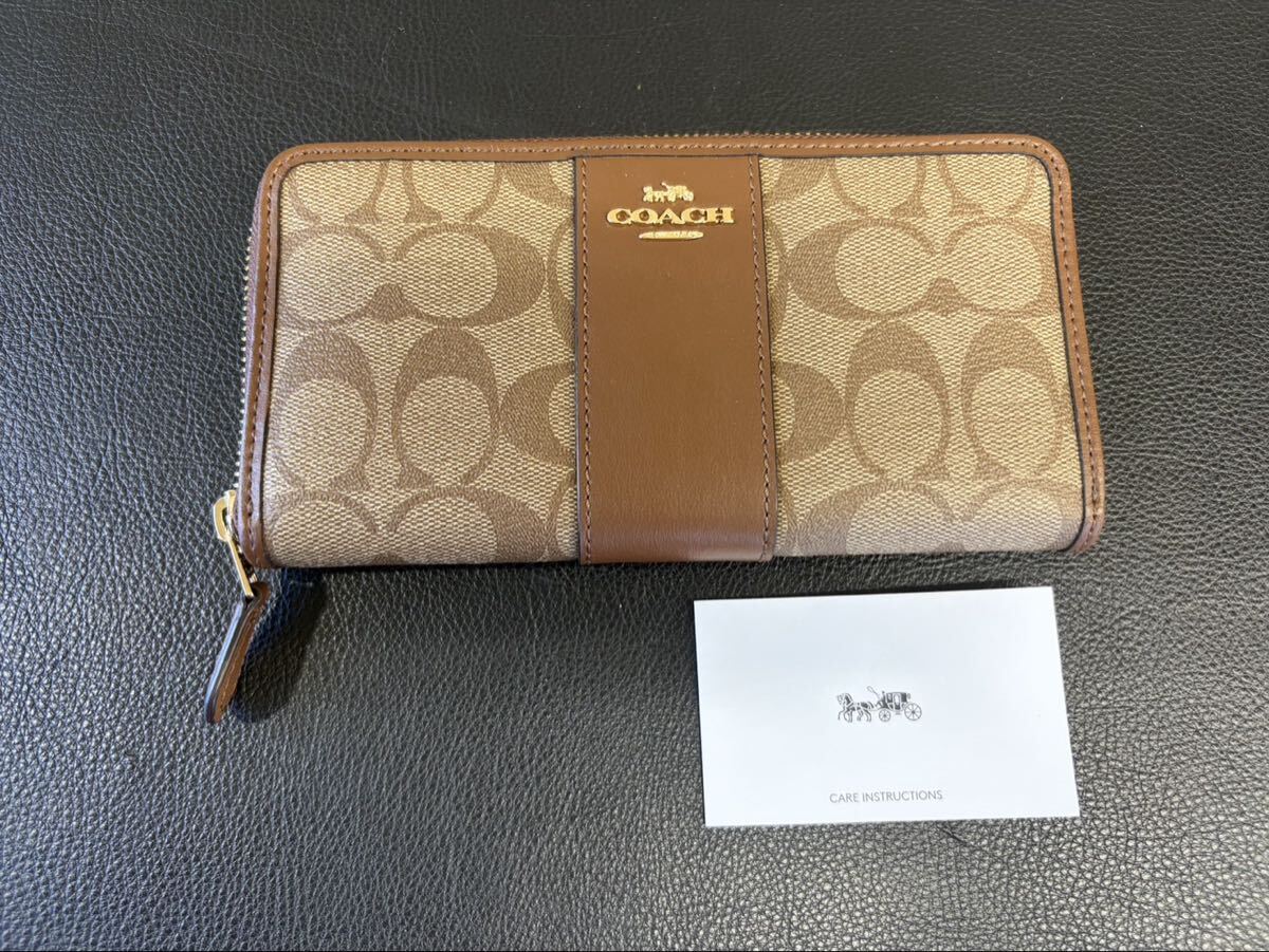 美中古品☆COACH コーチ 長財布 シグネチャー ラウンドファスナー ブラウン ベージュ レザー レディース アコーディオン ジップウォレット拍卖