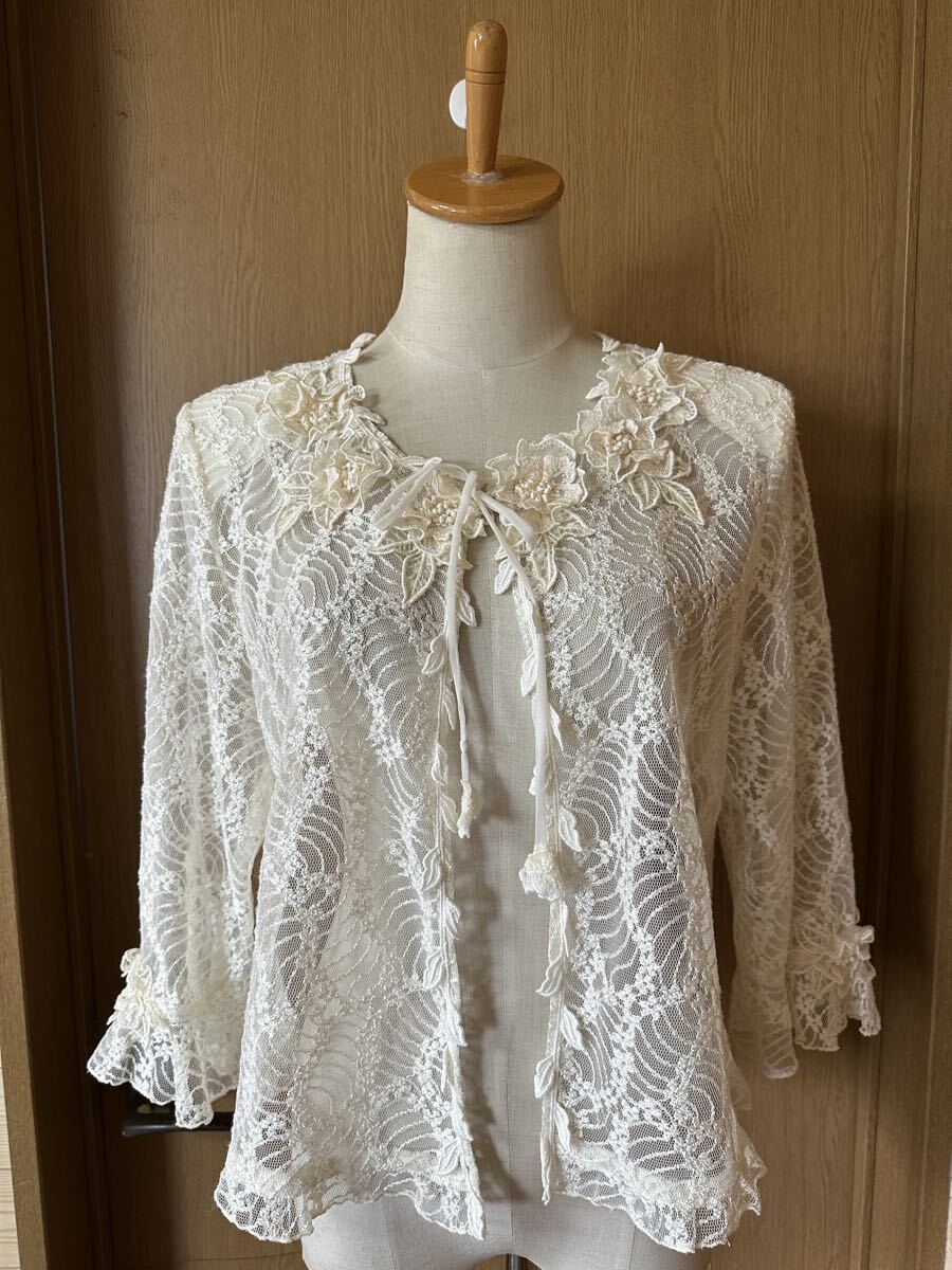 ◇Lily Blouse 立体花刺繍デザインレースカーディガン◇レトロ古着アンティーク調ヴィンテージ拍卖