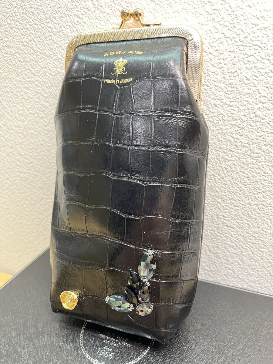 A.D.M.J. エーディーエムジェイ クロコ型押し がま口 ブラック レザー アクセソワ ポーチ拍卖