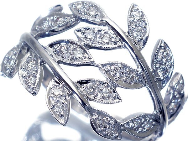 1円~【ジュエリー極】お洒落な植物デザイン!天然ダイヤモンド0.40ct 高級K18WGリング k1827ro【送料無料】拍卖