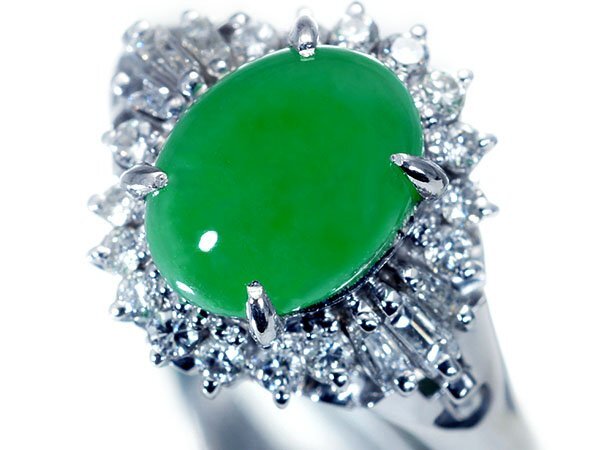 1円~【ジュエリー極】樹脂含浸無し 美しい艶テリ透明感!大粒天然翡翠1.99ct&ダイヤ0.31ct 高級Pt900リング a3752um【送料無料】拍卖