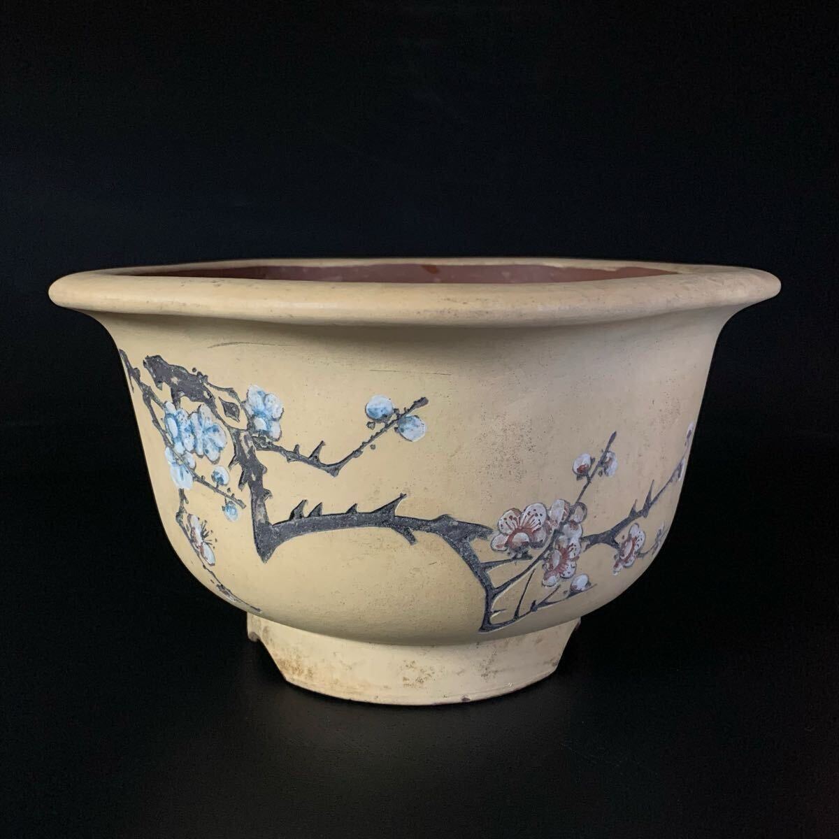 【中国古盆器】紫砂 白泥 黄泥 朱泥 梅図 漢詩刻 植木鉢 盆栽鉢 // 中国美術 中国古玩 中国宜興 唐物拍卖