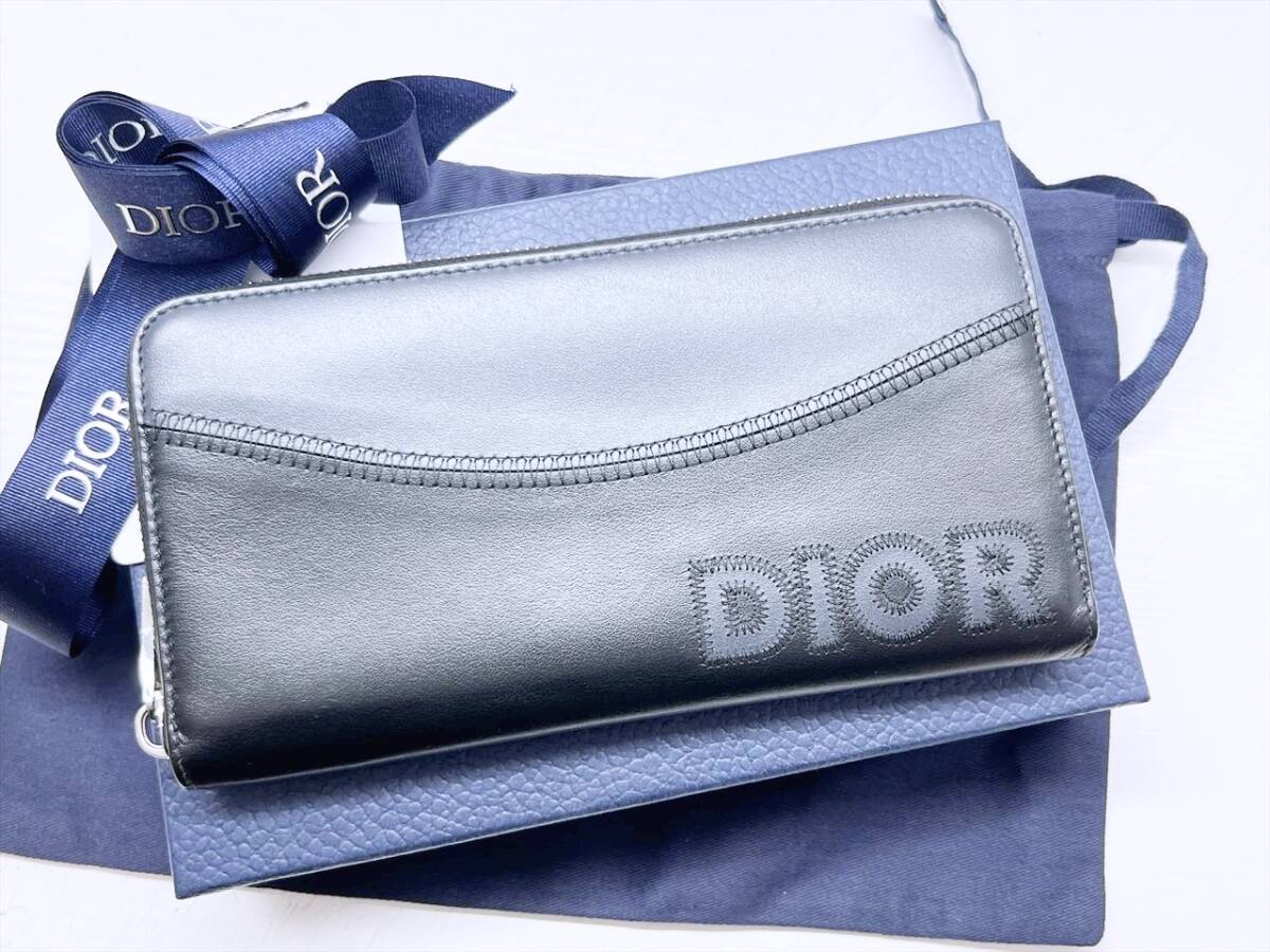 美品 Dior ディオール ロゴ ステッチ レザー ラウンドジップ 長財布 黒 ダークグレー拍卖