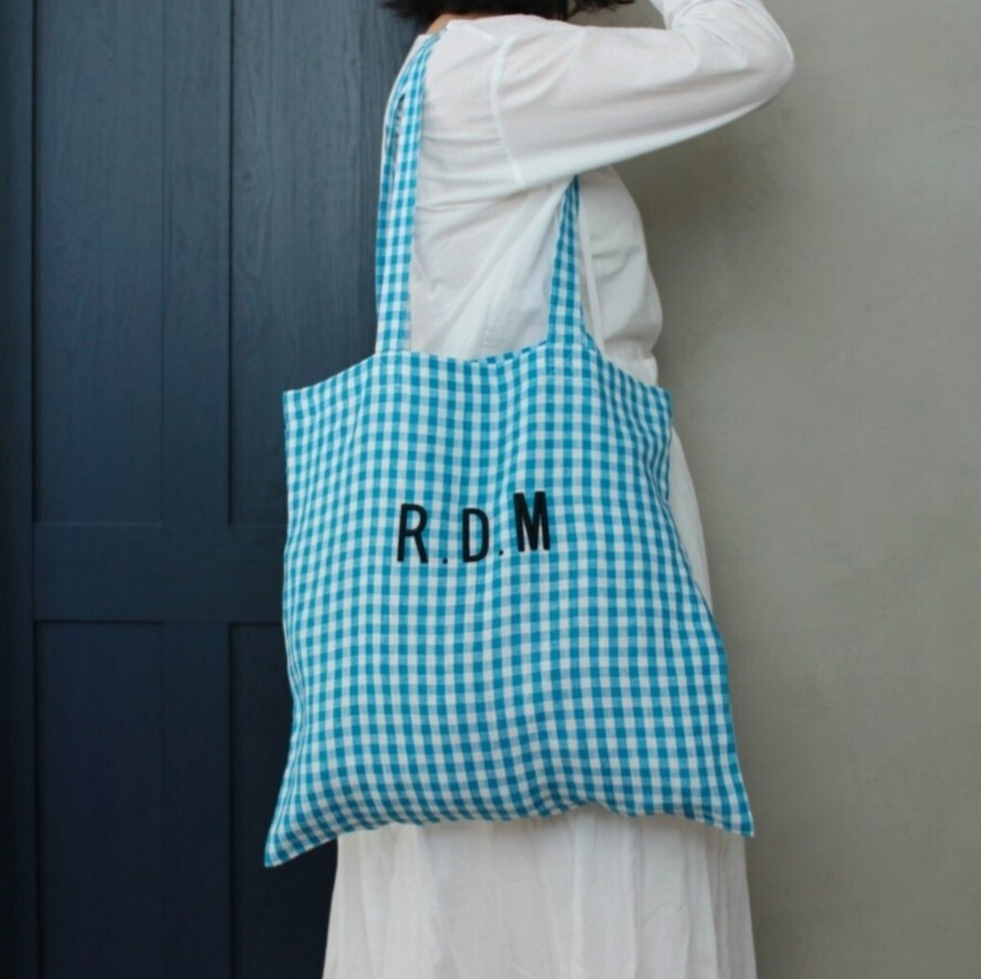 ○美品【R.D.M.Co-EMBROIDERYオールドマンズテーラー】石上美津江別注ギンガムチェックリネン100%トートバッグブルーチェックエコバッグ○拍卖