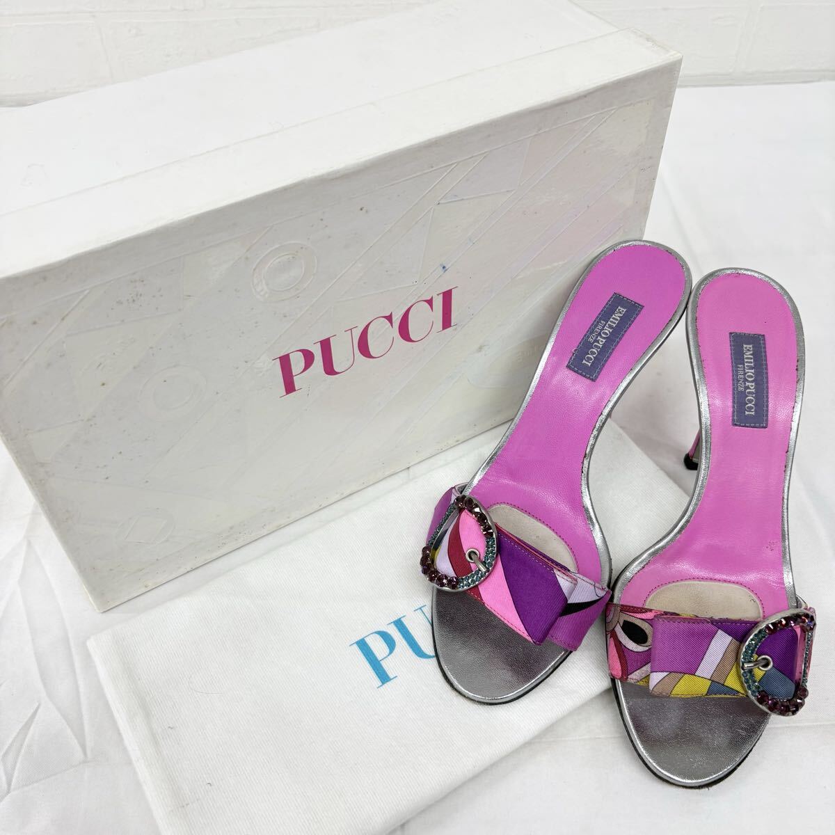 2151△ 箱あり 保護袋付き EMILIO PUCCI エミリオプッチ ミュール レディース サイズ34 1/2 ピンク バックル ラインストーン サンダル 靴拍卖