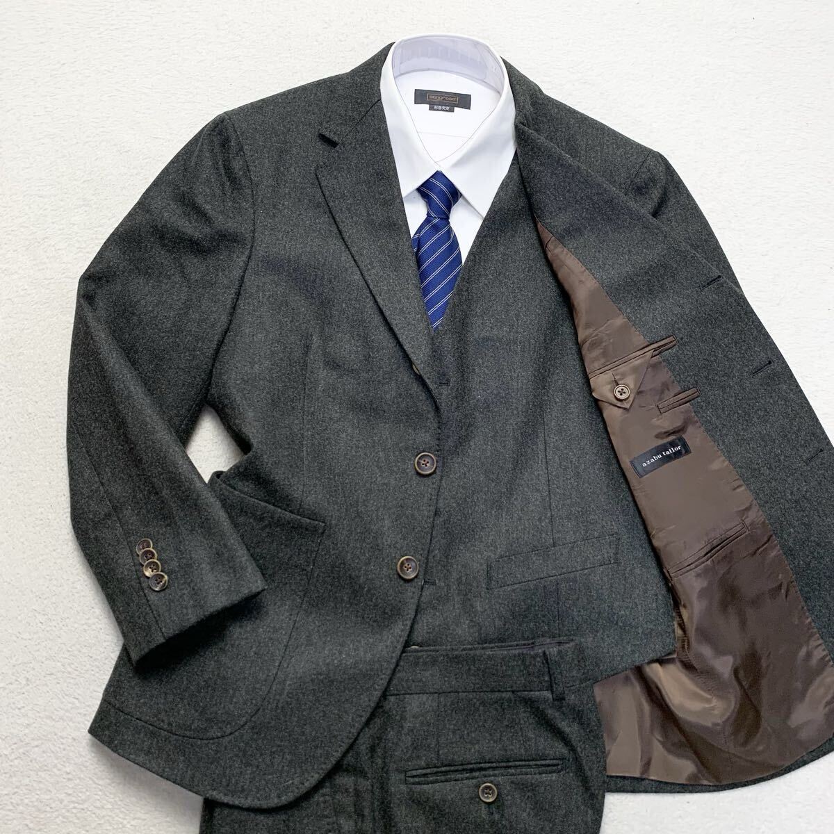 カノニコ × 麻布テーラー【圧巻のスリーピース】azabu tailor スーツ セットアップ canonico 3ピース ベスト ウール 44 M カーキ 緑 1円拍卖